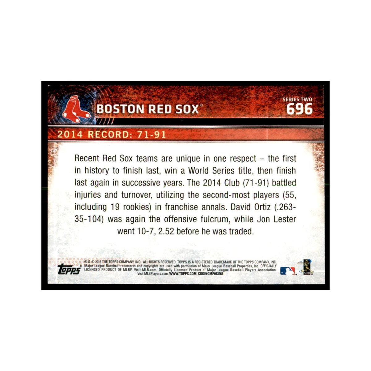 Boston Red Sox 2015 Topps #696 Baseball Cards Baseball Card NM