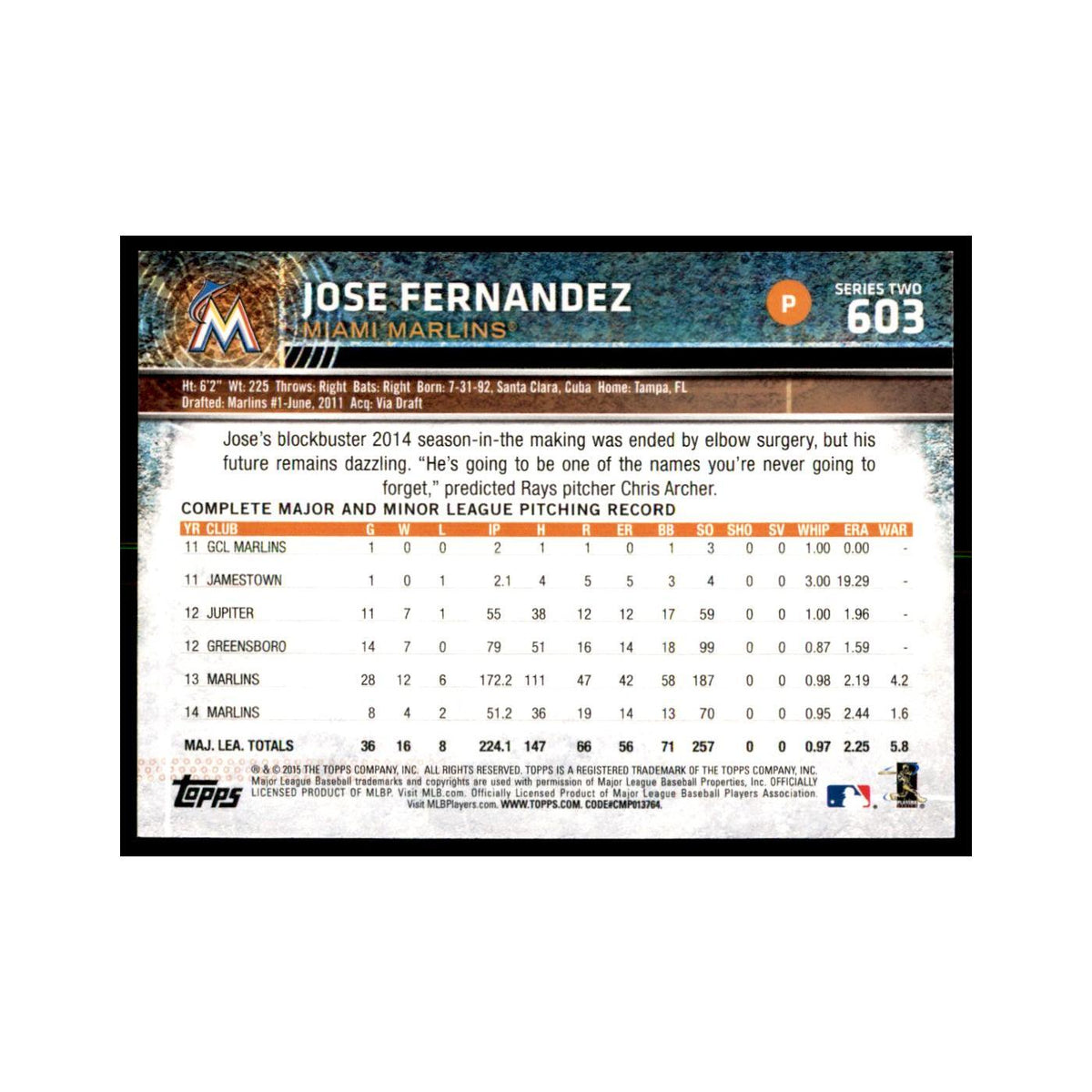 Jose Fernandez 2015 Topps #603 Baseball Cards Baseball Card NM