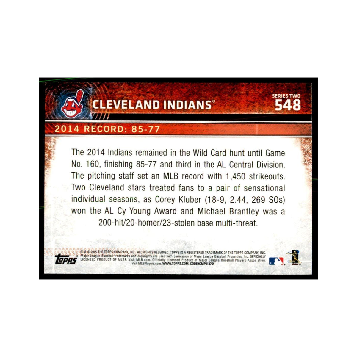 Cleveland Indians 2015 Topps #548 Baseball Cards Baseball Card NM