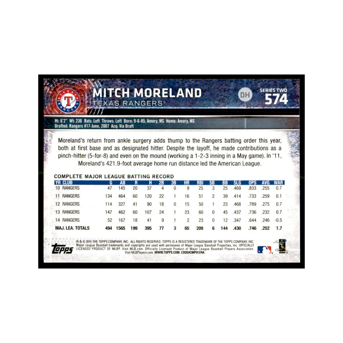 Mitch Moreland 2015 Topps #574 Baseball Cards Baseball Card NM
