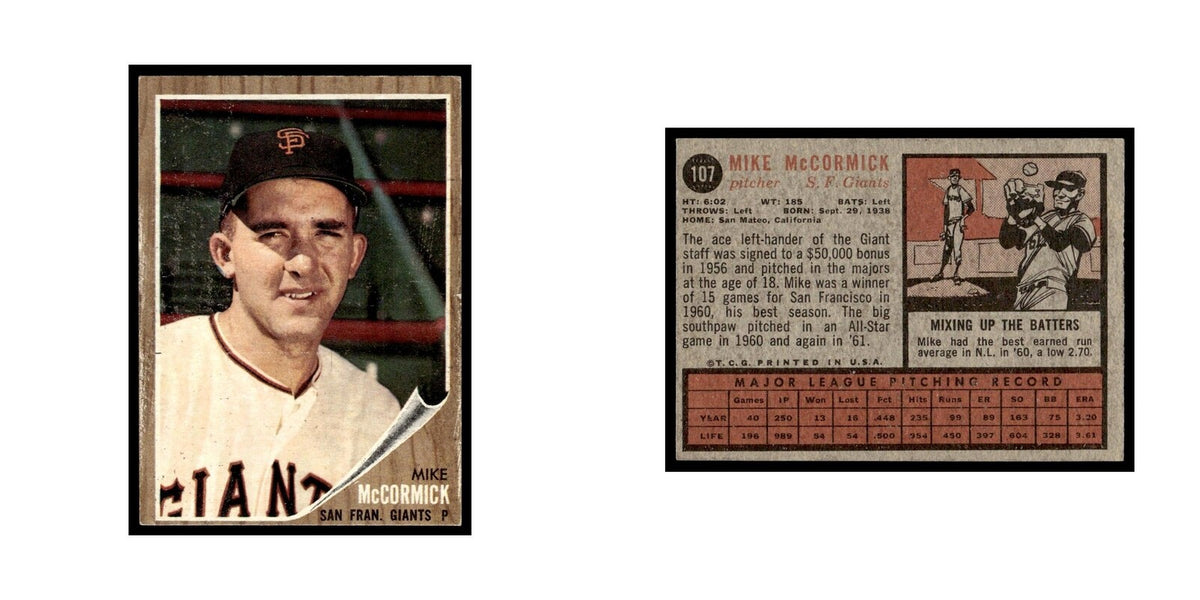 Mike McCormick 1962 Topps #107 San Francisco Giants Baseball Card VG