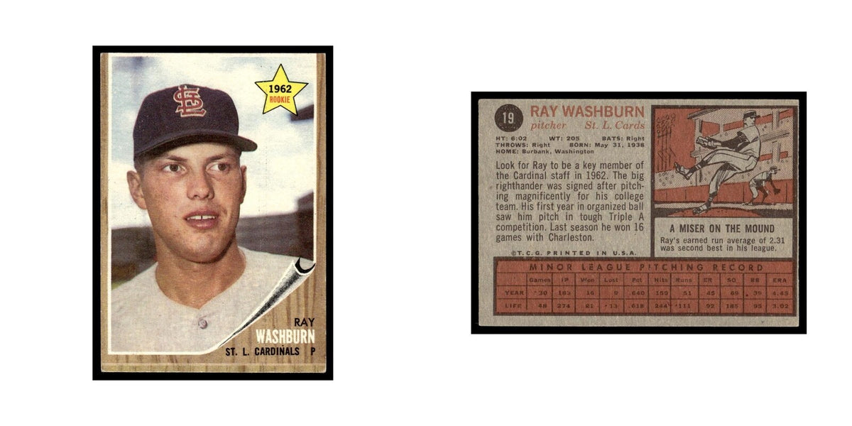 Ray Washburn Rookie 1962 Topps #19 St. Louis Cardinals Baseball Card VG