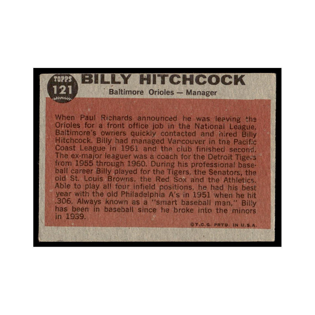 Billy Hitchcock 1962 Topps #121 Baltimore Orioles Baseball Card VG