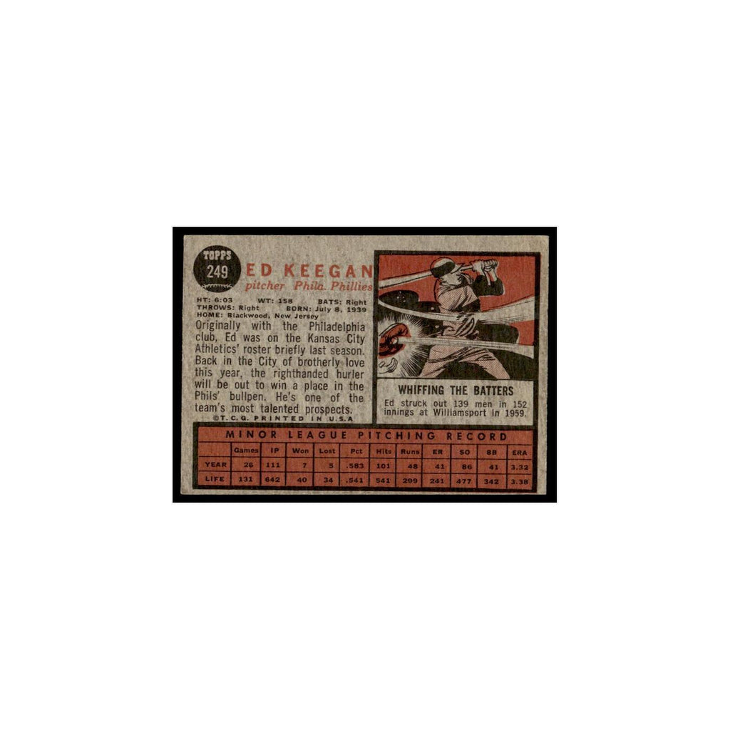 Ed Keegan Rookie 1962 Topps #249 Philadelphia Phillies Baseball Card VG