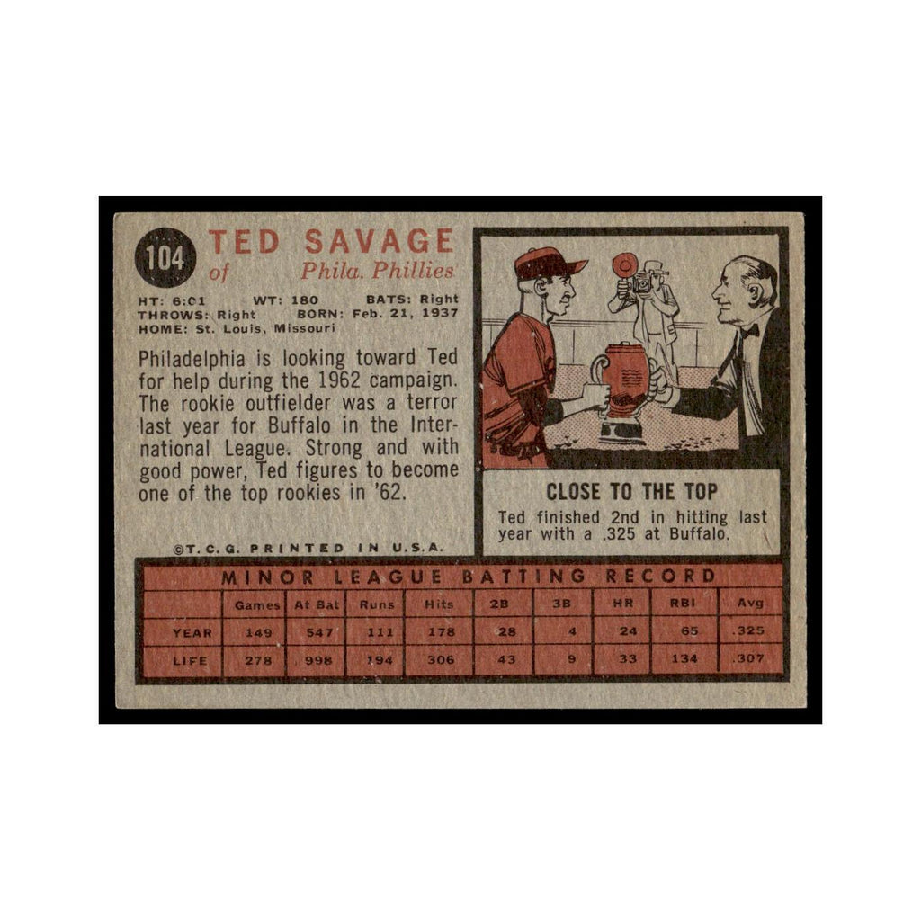 Ted Savage Rookie 1962 Topps #104 Philadelphia Phillies Baseball Card VG