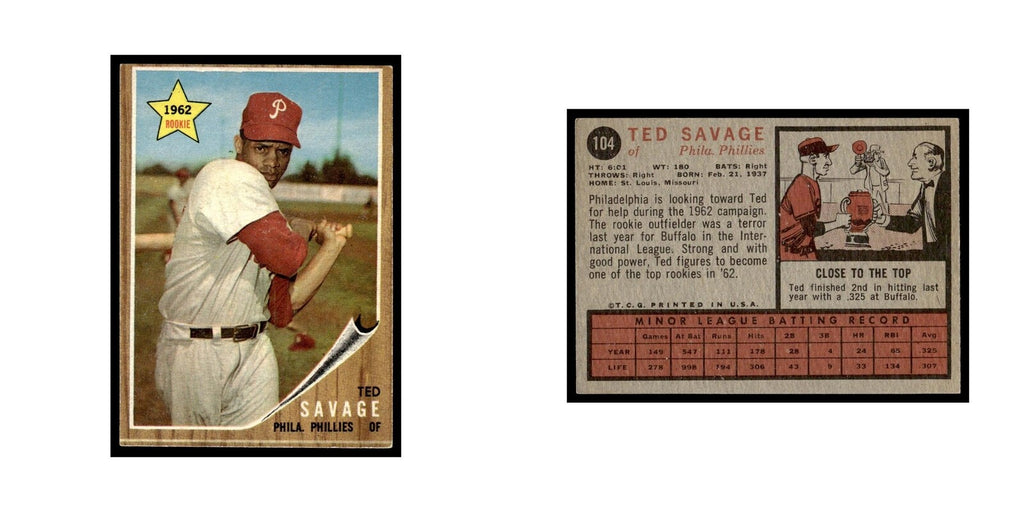 Ted Savage Rookie 1962 Topps #104 Philadelphia Phillies Baseball Card VG