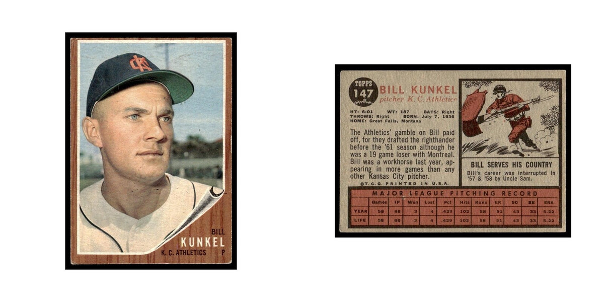 Bill Kunkel 1962 Topps #147 Kansas City Athletics Baseball Card VG