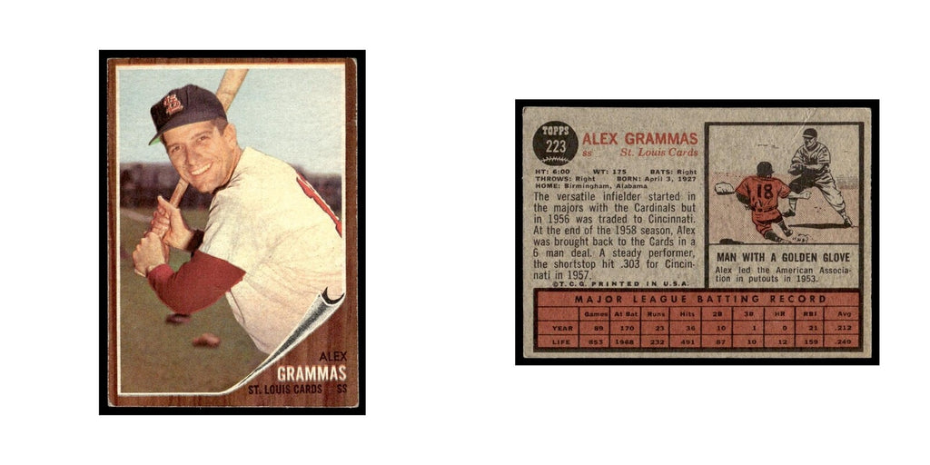Alex Grammas 1962 Topps (Damaged) #223 St. Louis Cardinals Baseball Card Poor