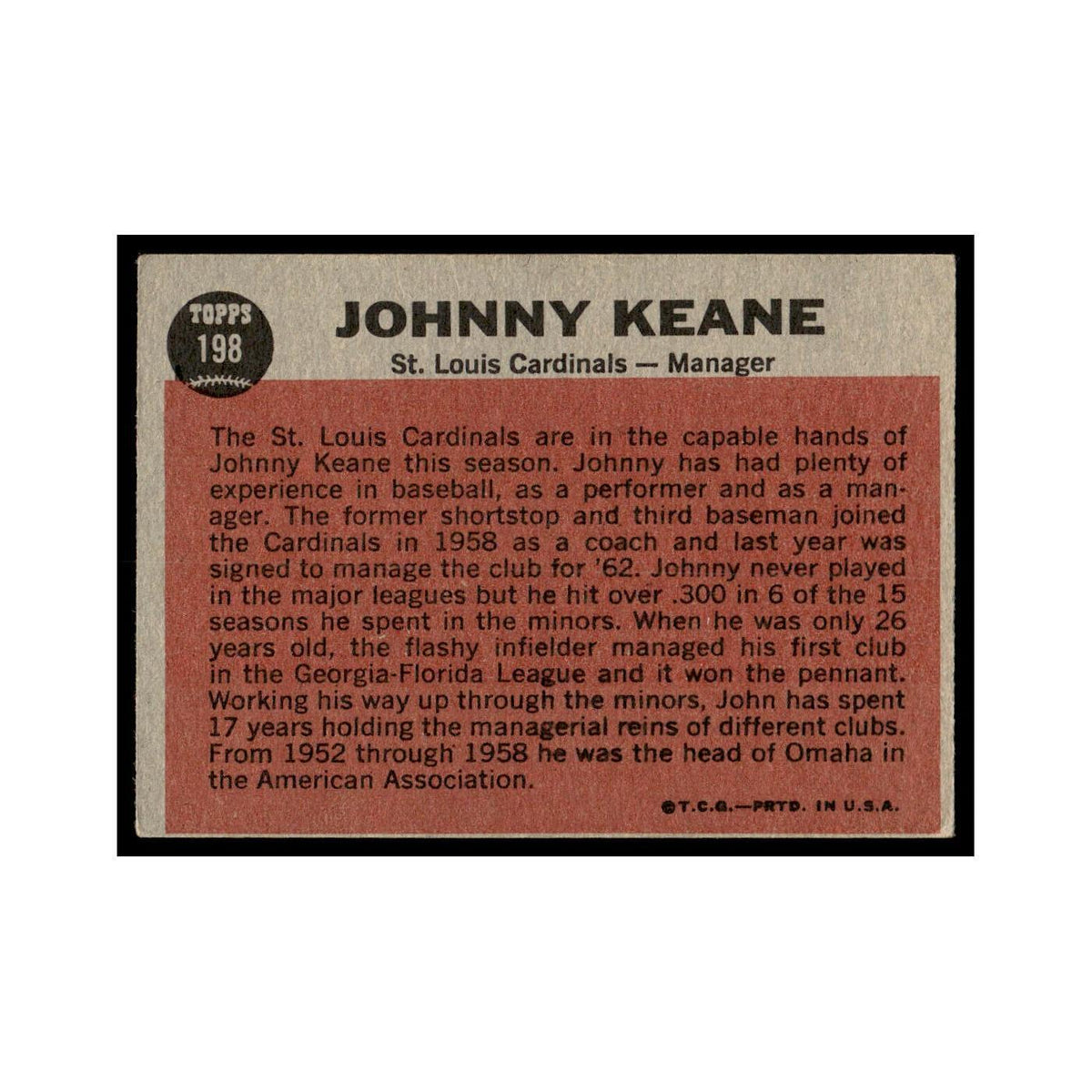 Johnny Keane 1962 Topps #198 St. Louis Cardinals Baseball Card VG