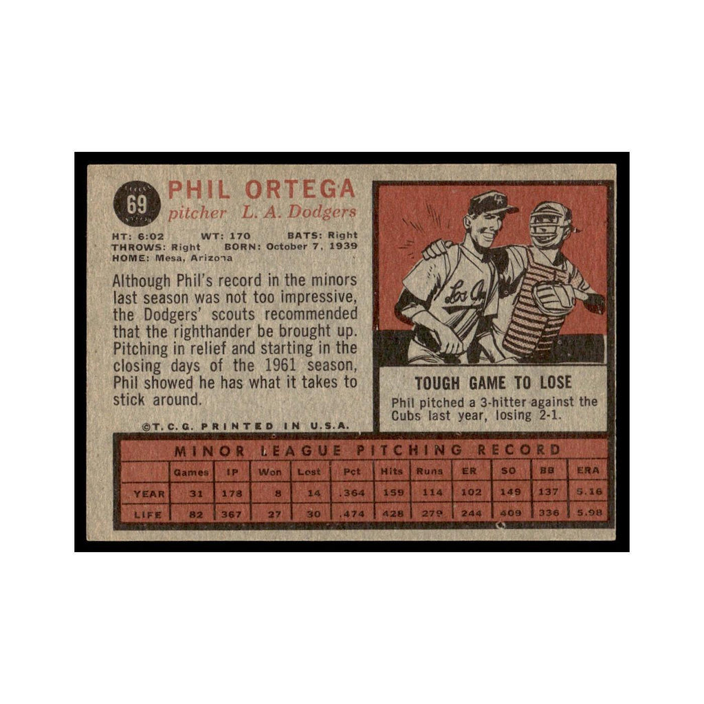 Phil Ortega Rookie 1962 Topps #69 Los Angeles Dodgers Baseball Card VG
