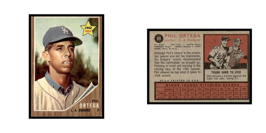 Phil Ortega Rookie 1962 Topps #69 Los Angeles Dodgers Baseball Card VG