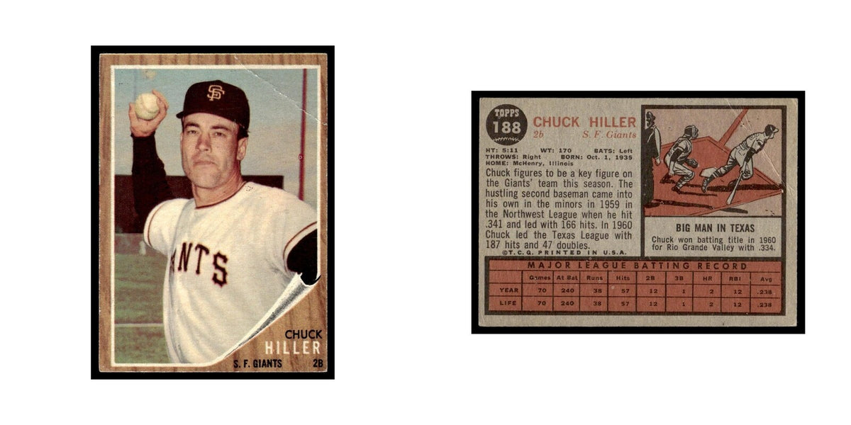 Chuck Hiller 1962 Topps (Damaged) #188 San Francisco Giants Baseball Card Poor
