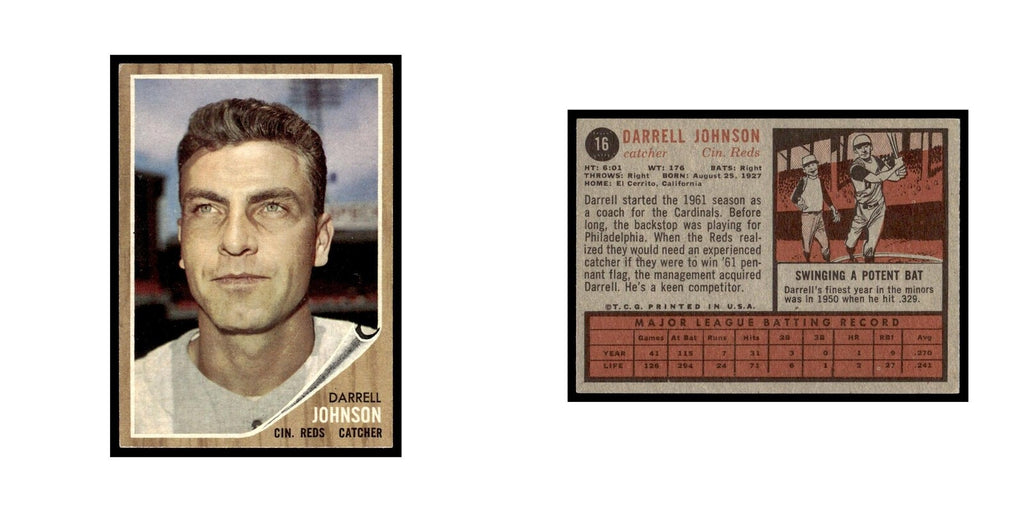 Darrell Johnson 1962 Topps #16 Cincinnati Reds Baseball Card VG
