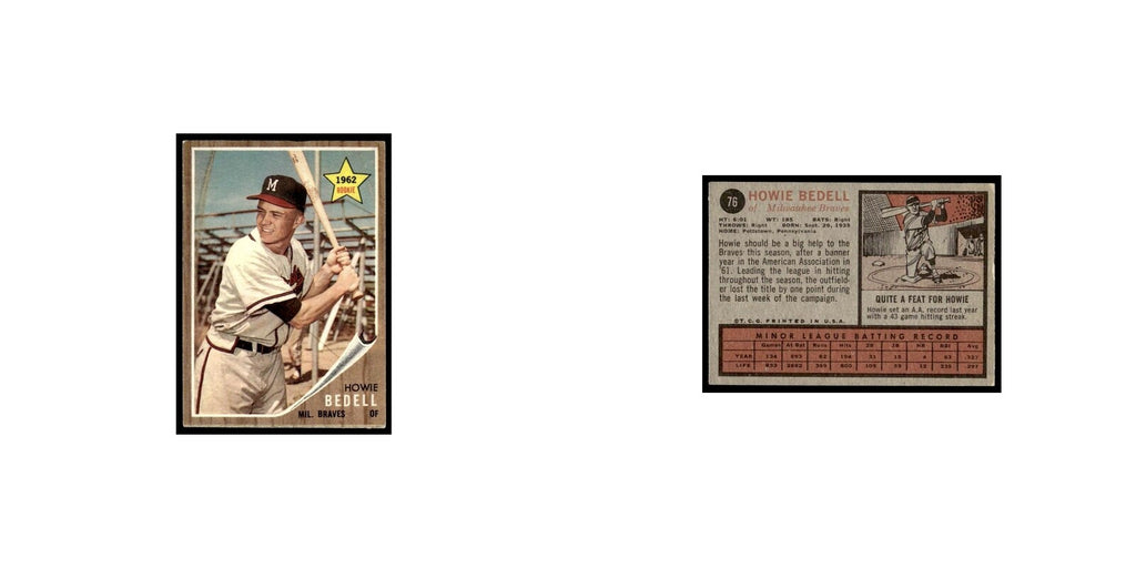 Howie Bedell Rookie 1962 Topps #76 Milwaukee Braves Baseball Card VG