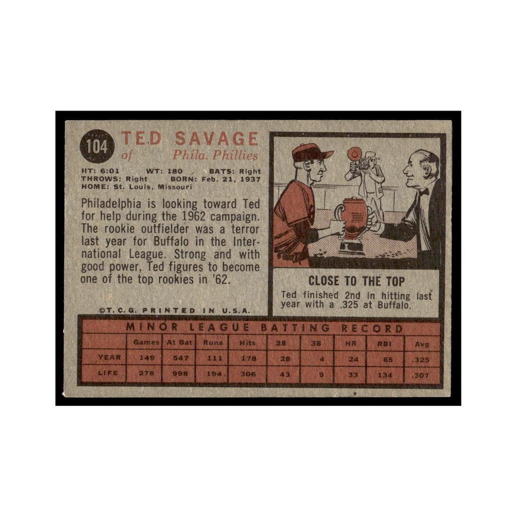 Ted Savage Rookie 1962 Topps #104 Philadelphia Phillies Baseball Card VG