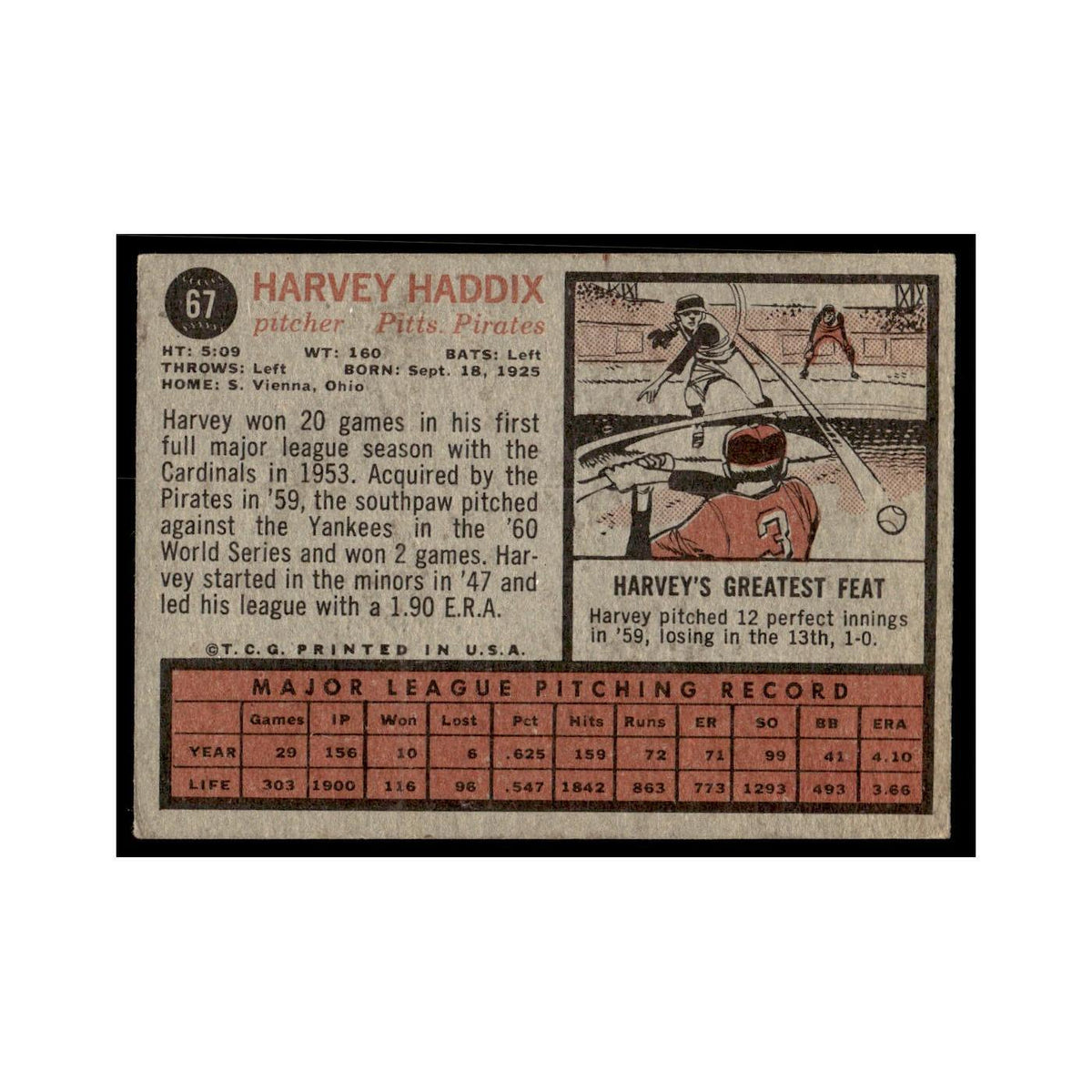 Harvey Haddix 1962 Topps #67 Pittsburgh Pirates Baseball Card VG