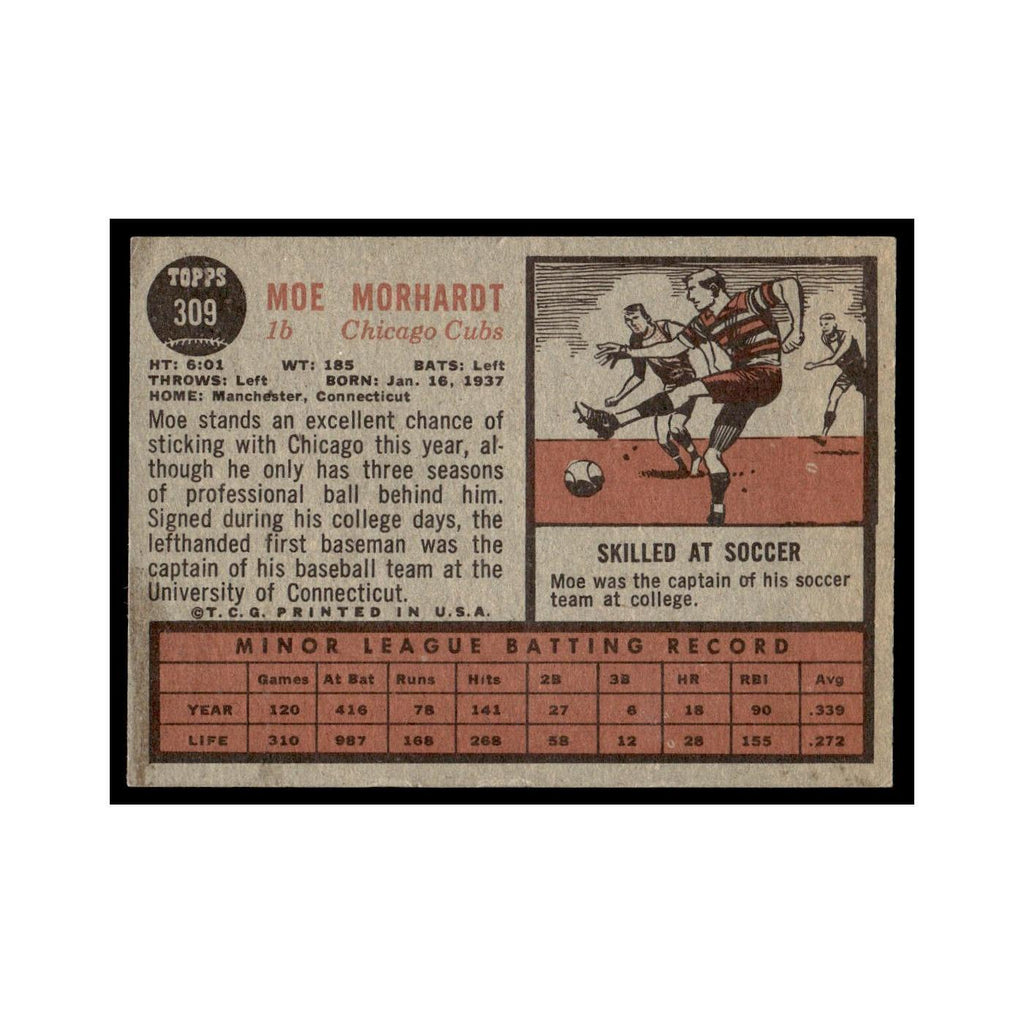 Moe Morhardt Rookie 1962 Topps #309 Chicago Cubs Baseball Card VG