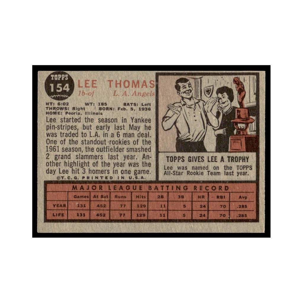Lee Thomas Rookie 1962 Topps #154 Los Angeles Angels Baseball Card VG