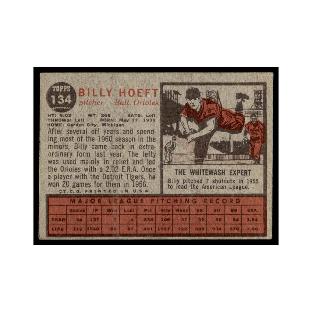 Billy Hoeft 1962 Topps #134 Baltimore Orioles Baseball Card VG