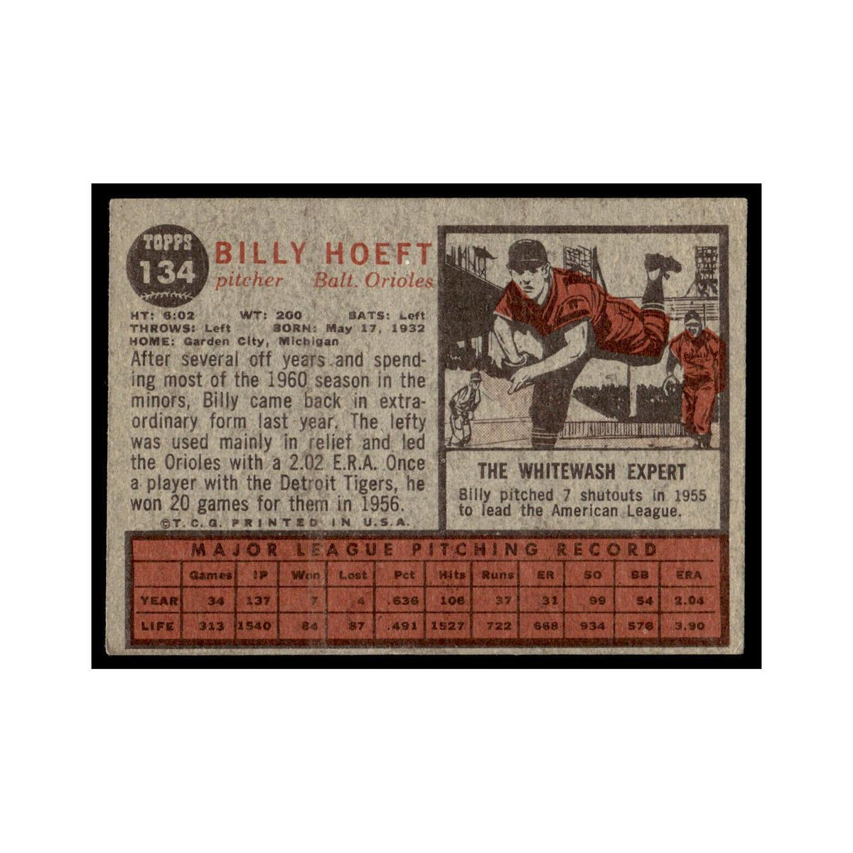 Billy Hoeft 1962 Topps #134 Baltimore Orioles Baseball Card VG