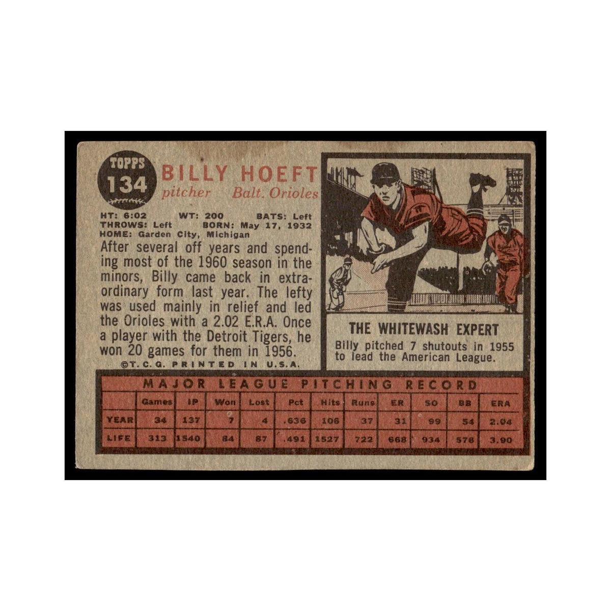 Billy Hoeft 1962 Topps #134 Baltimore Orioles Baseball Card VG