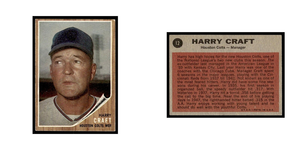 Harry Craft 1962 Topps (Damaged) #12 Houston Colt .45s Baseball Card Poor
