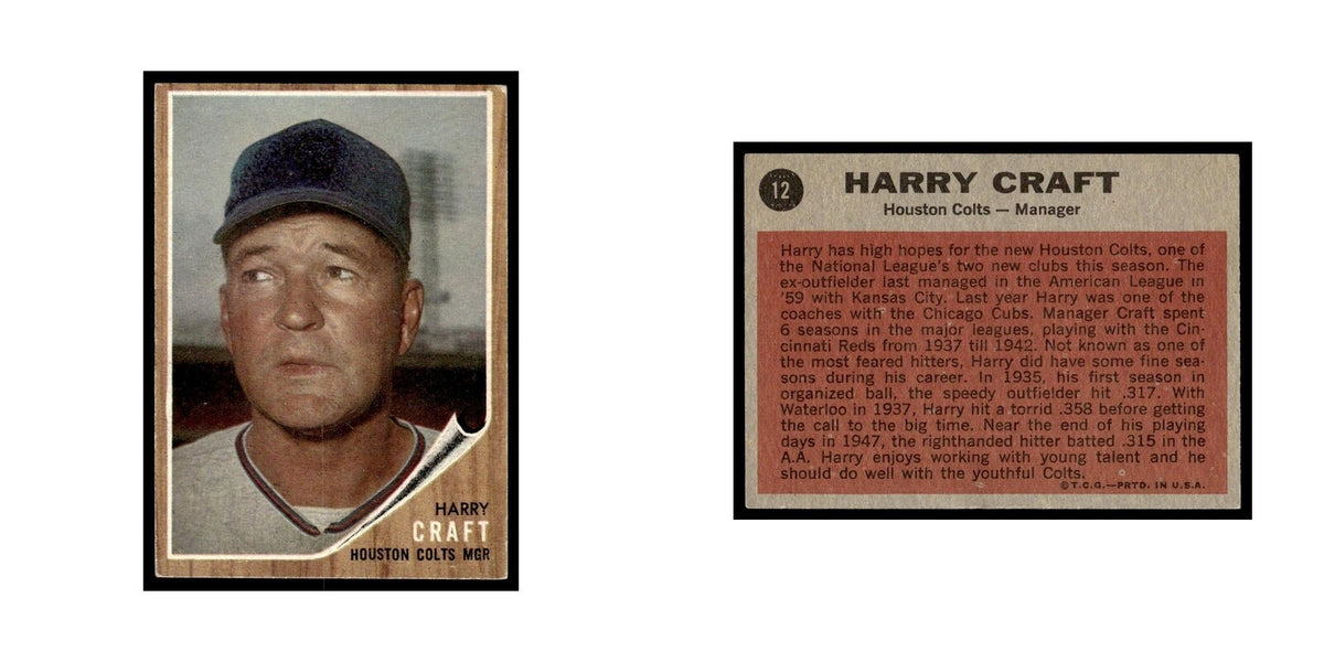 Harry Craft 1962 Topps (Damaged) #12 Houston Colt .45s Baseball Card Poor