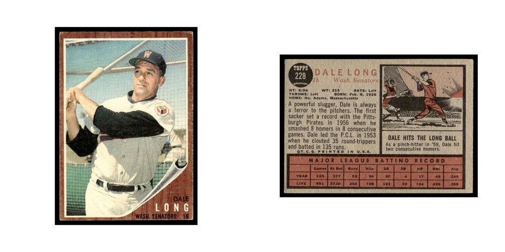 Dale Long 1962 Topps #228 Washington Senators Baseball Card VG