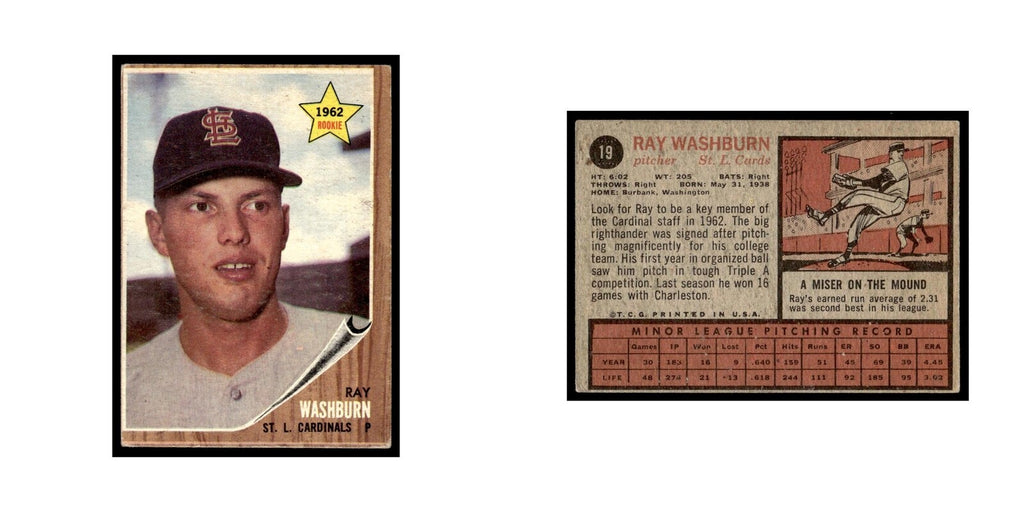 Ray Washburn Rookie 1962 Topps #19 St. Louis Cardinals Baseball Card VG