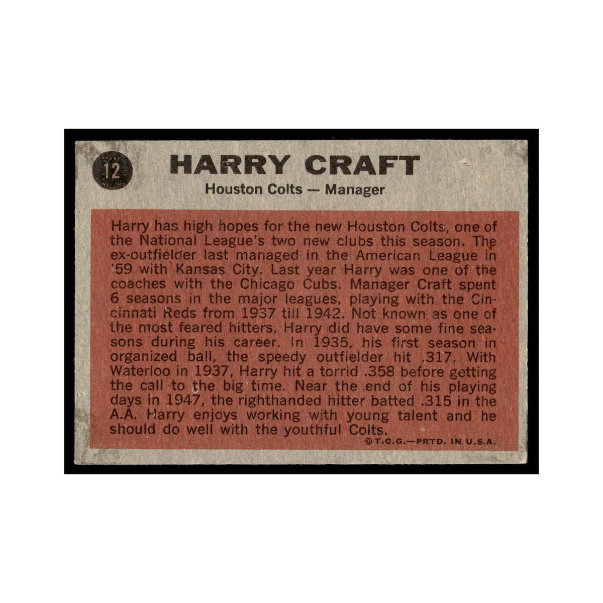 Harry Craft 1962 Topps #12 Houston Colt .45s Baseball Card VG