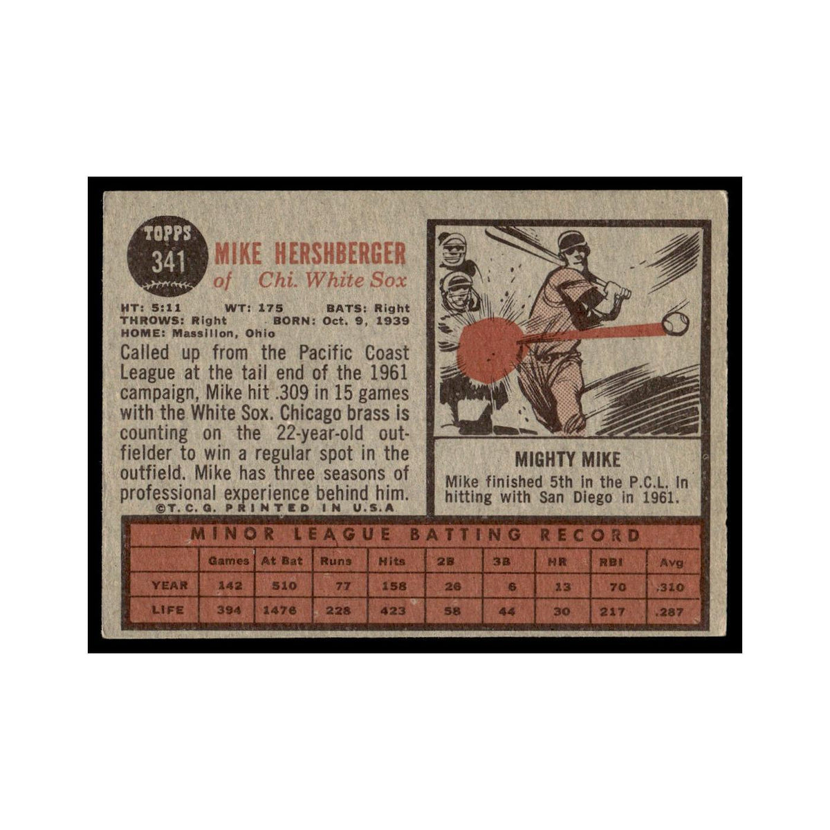 Mike Hershberger Rookie 1962 Topps #341 Chicago White Sox Baseball Card VG