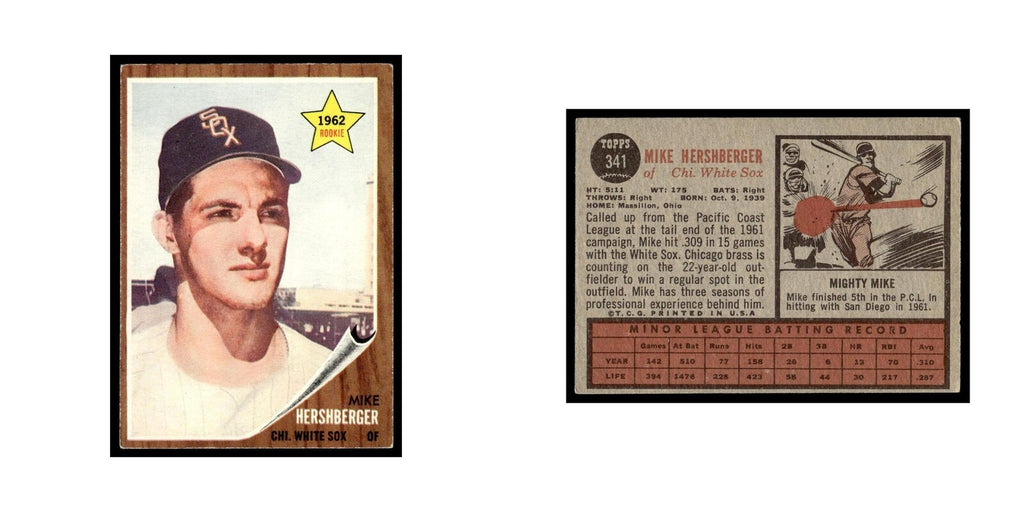 Mike Hershberger Rookie 1962 Topps #341 Chicago White Sox Baseball Card VG