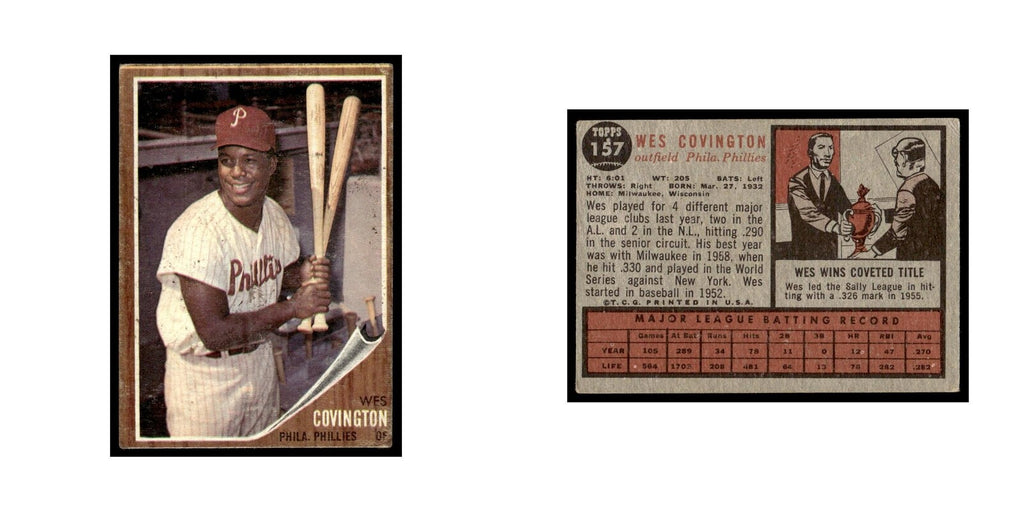 Wes Covington 1962 Topps #157 Philadelphia Phillies Baseball Card VG