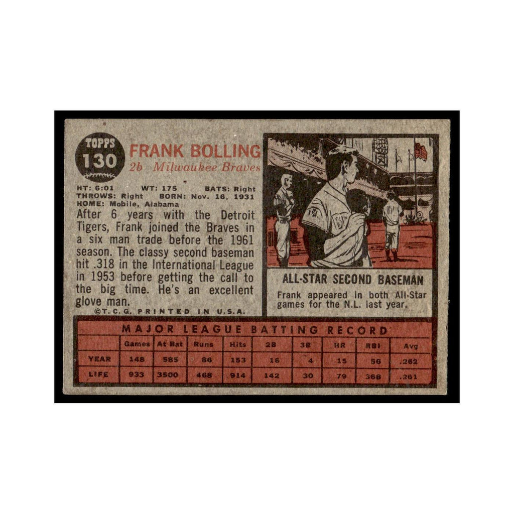 Frank Bolling 1962 Topps #130 Milwaukee Braves Baseball Card VG