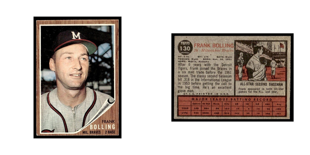 Frank Bolling 1962 Topps #130 Milwaukee Braves Baseball Card VG