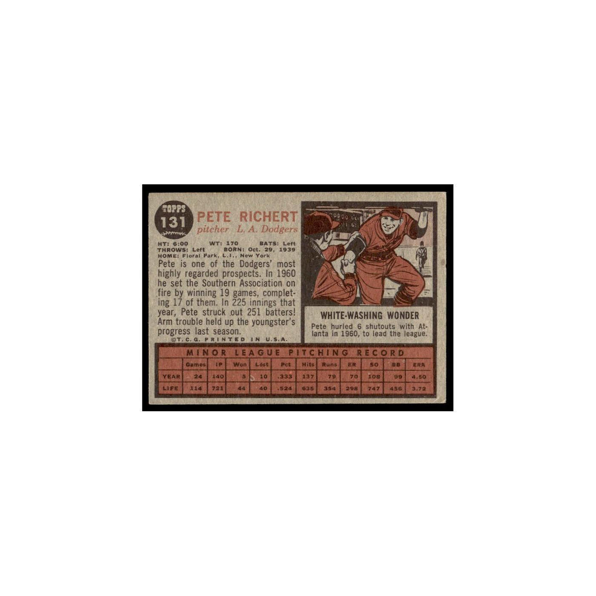 Pete Richert Rookie 1962 Topps #131 Los Angeles Dodgers Baseball Card VG