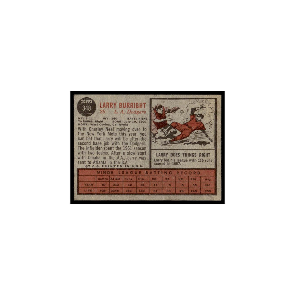 Larry Burright Rookie 1962 Topps #348 Los Angeles Dodgers Baseball Card VG