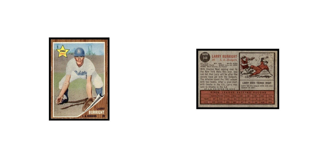 Larry Burright Rookie 1962 Topps #348 Los Angeles Dodgers Baseball Card VG
