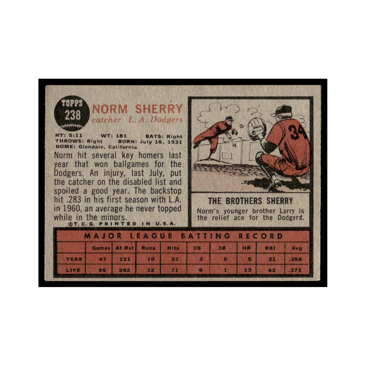 Norm Sherry 1962 Topps #238 Los Angeles Dodgers Baseball Card VG