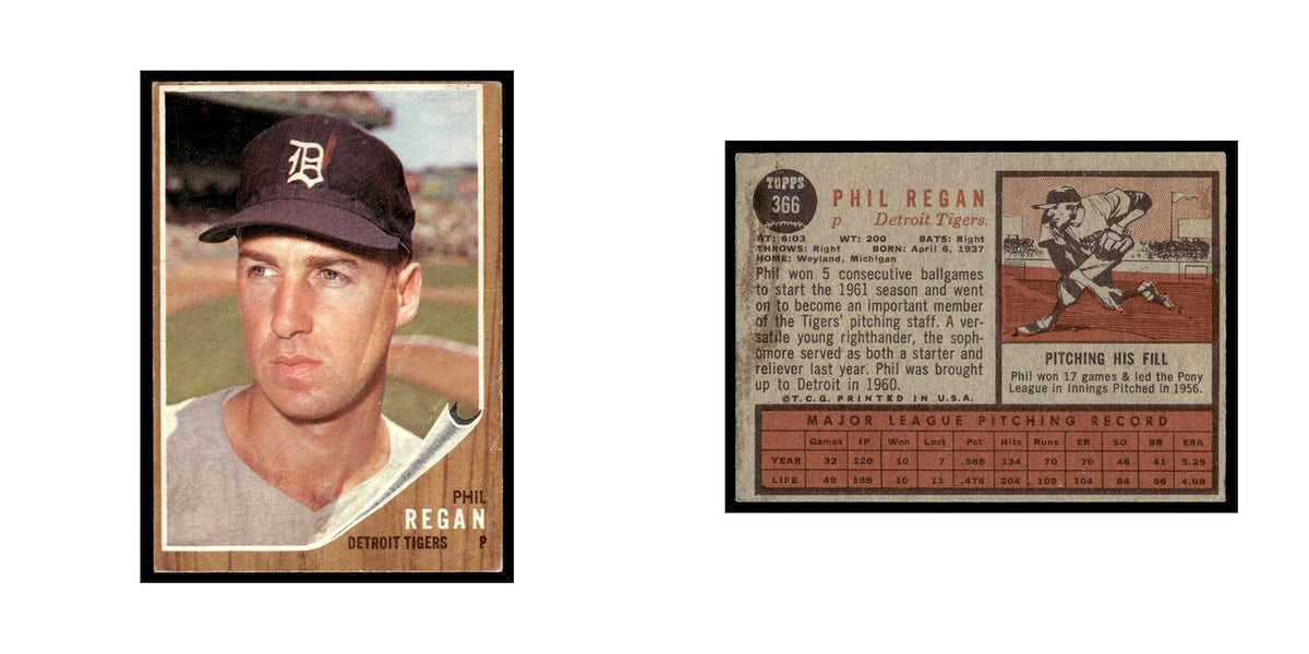 Phil Regan 1962 Topps (Damaged) #366 Detroit Tigers Baseball Card Poor