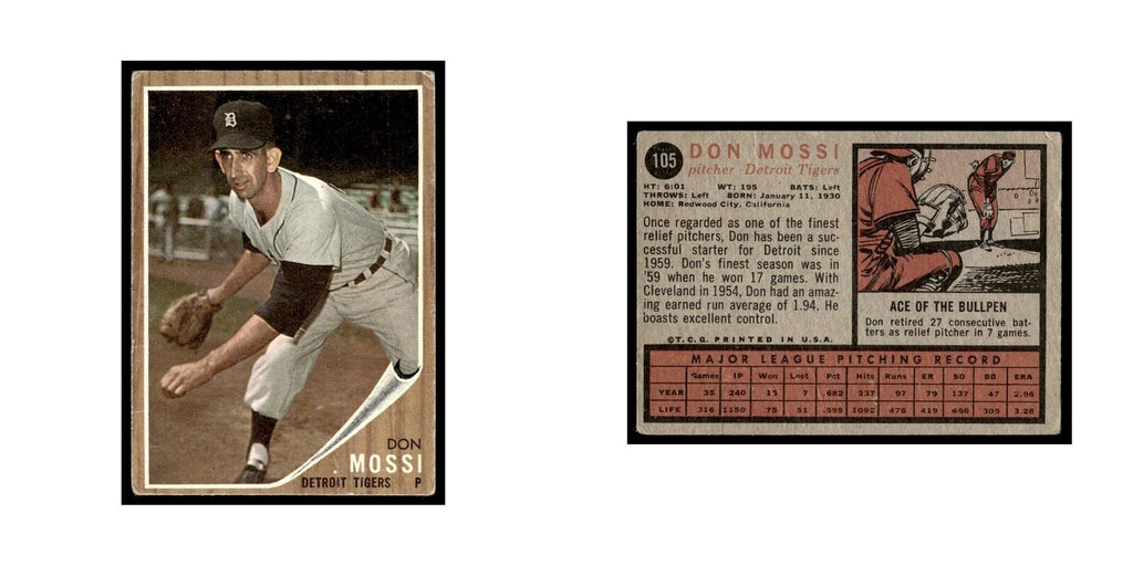 Don Mossi 1962 Topps (Damaged) #105 Detroit Tigers Baseball Card Poor