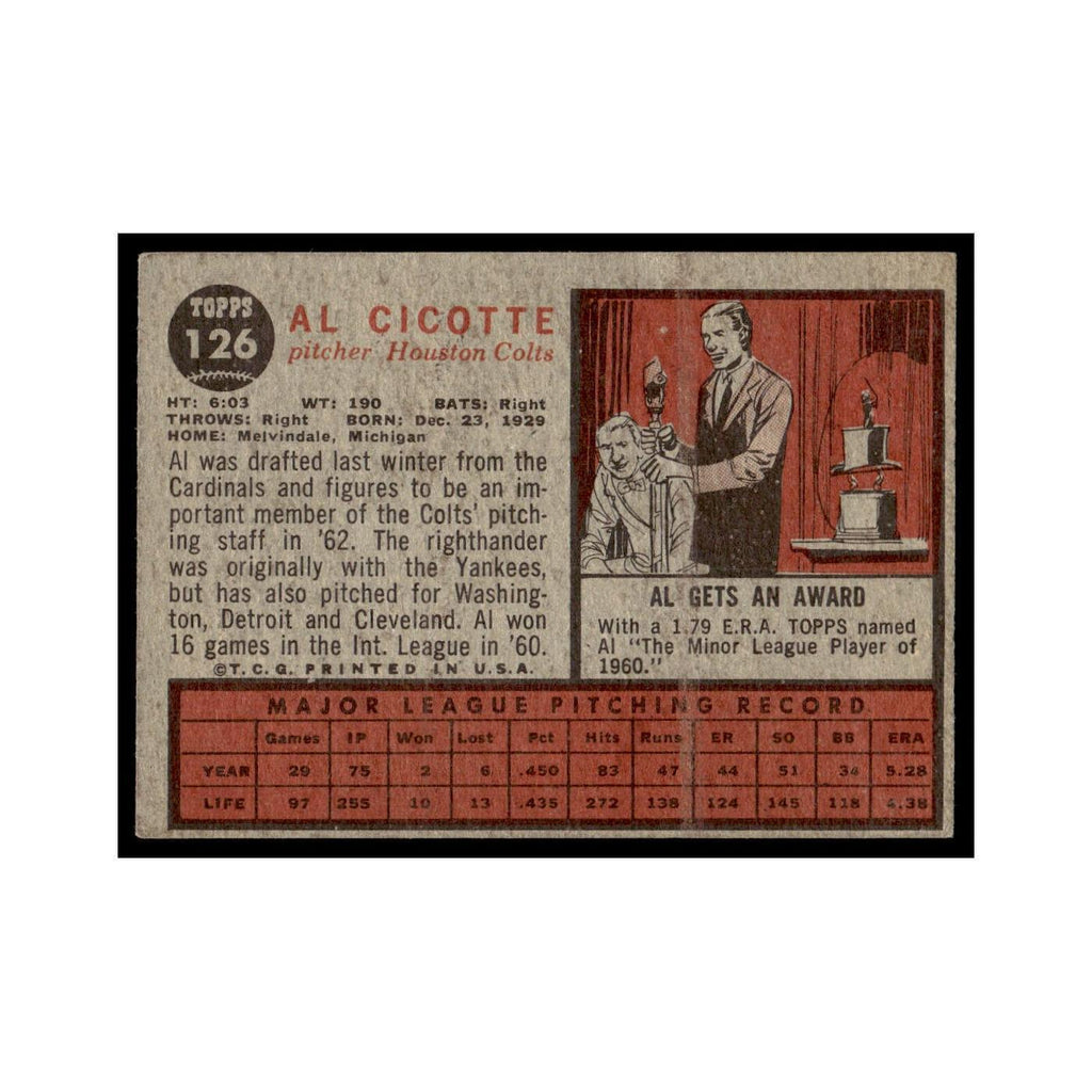 Al Cicotte 1962 Topps #126 Houston Colt .45s Baseball Card VG