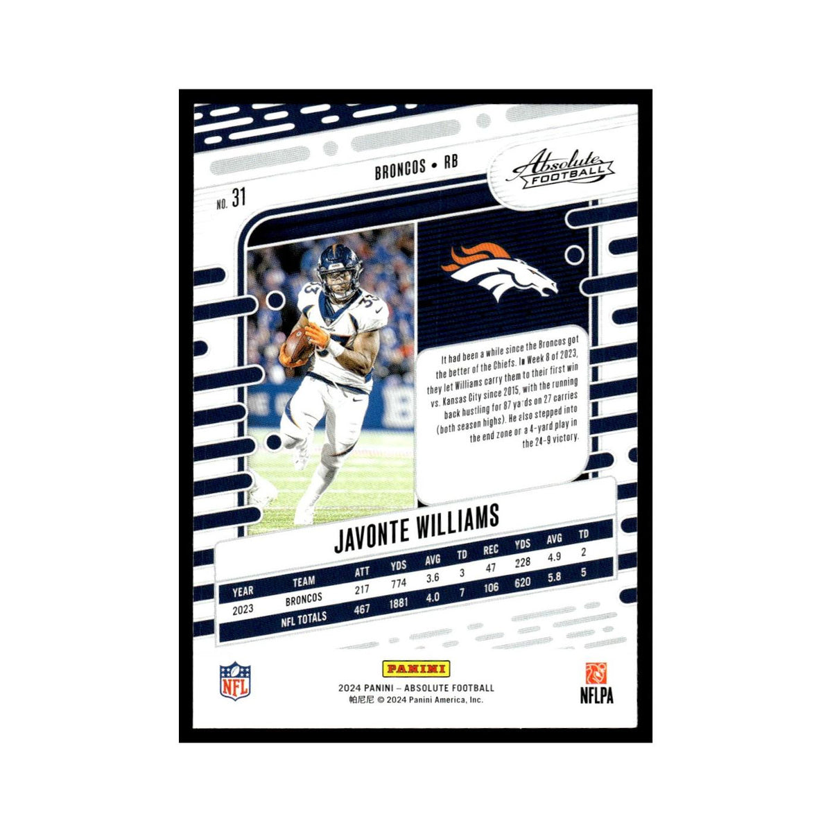 Javonte Williams 2024 Panini Absolute #31 Denver Broncos Football Card NM
