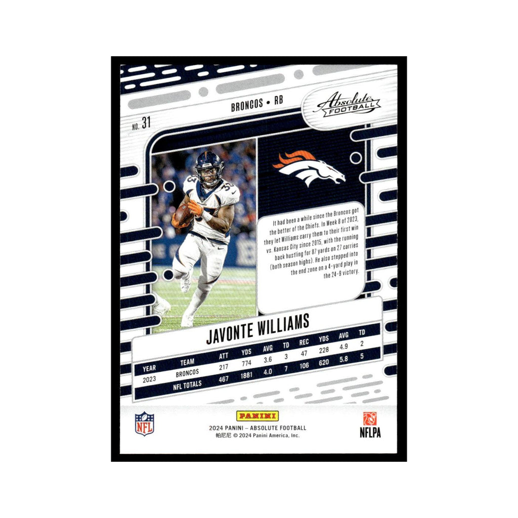 Javonte Williams 2024 Panini Absolute #31 Denver Broncos Football Card NM