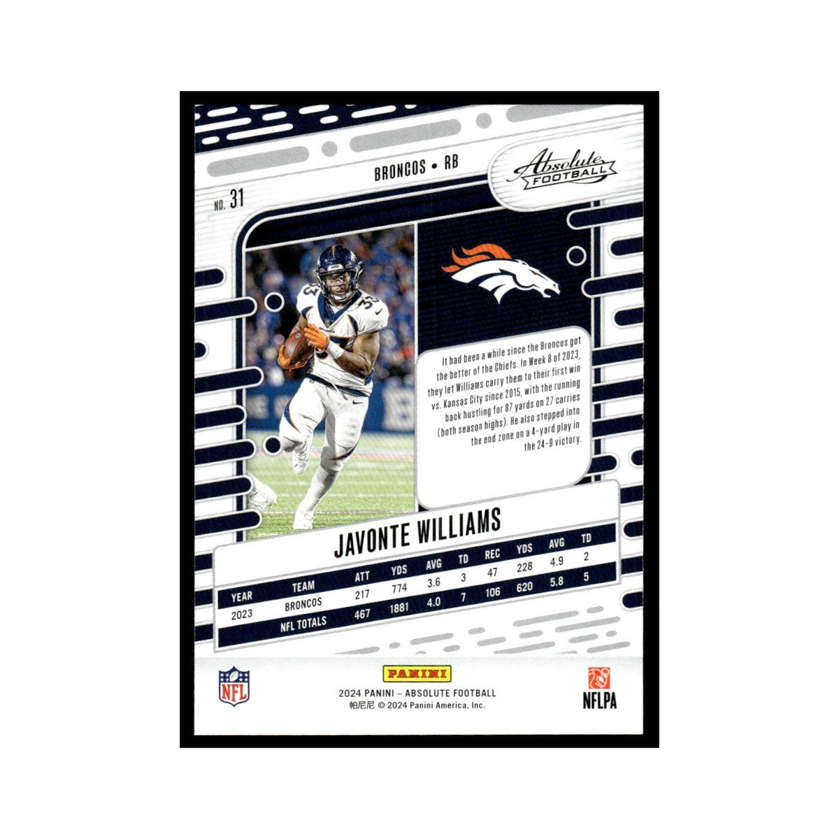Javonte Williams 2024 Panini Absolute #31 Denver Broncos Football Card NM