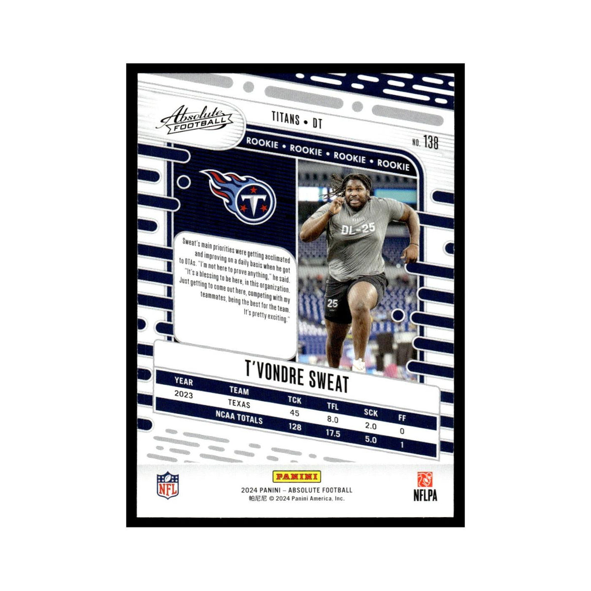 T'Vondre Sweat 2024 Panini Absolute #138 Tennessee Titans Football Card NM