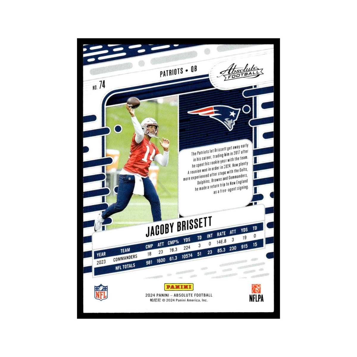 Jacoby Brissett 2024 Panini Absolute #74 New England Patriots Football Card NM