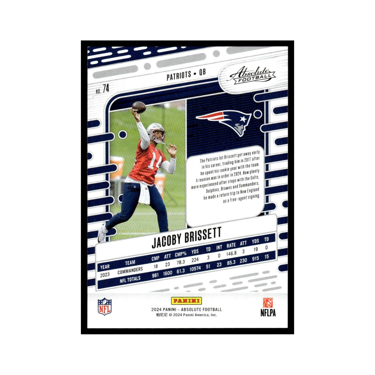 Jacoby Brissett 2024 Panini Absolute #74 New England Patriots Football Card NM