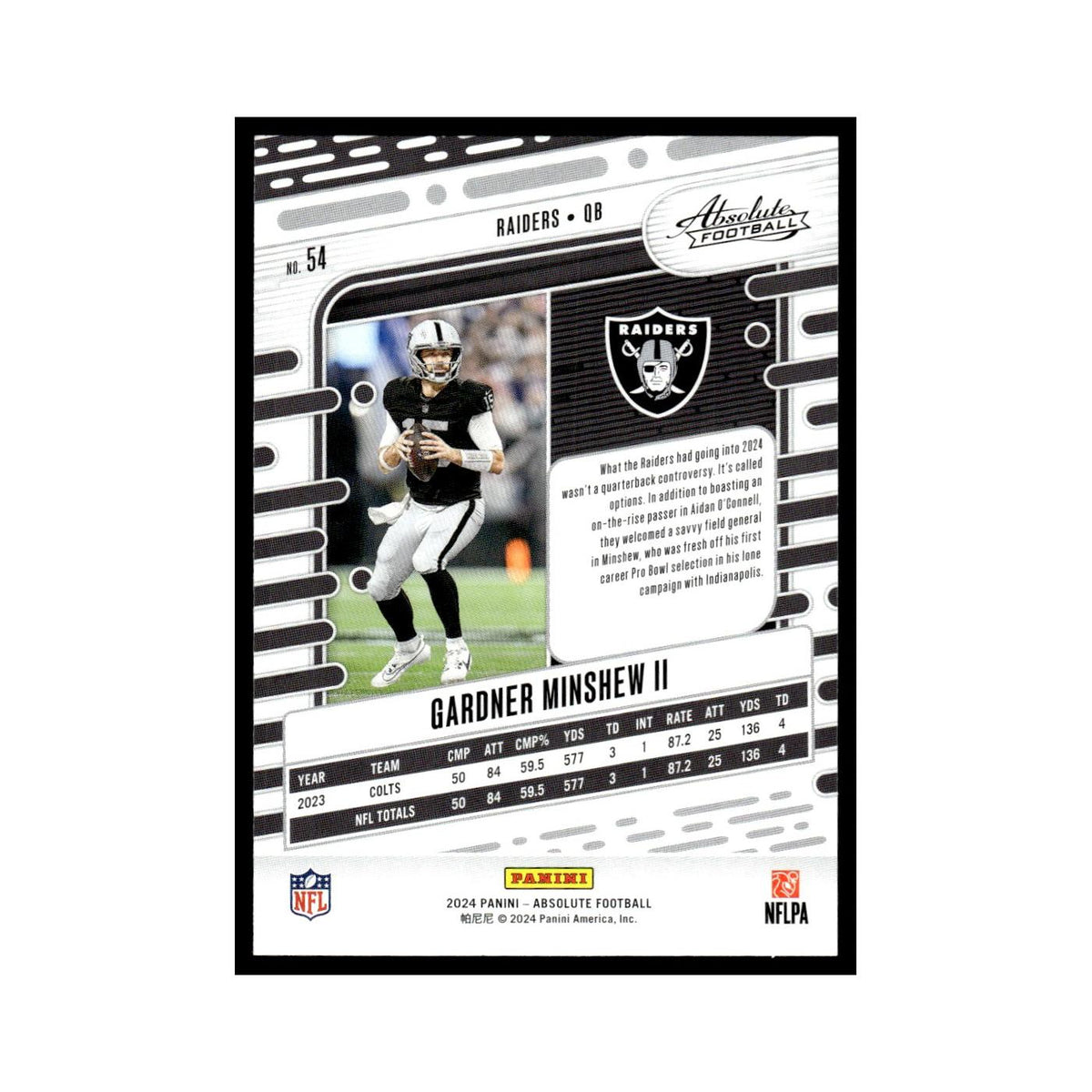 Gardner Minshew II 2024 Panini Absolute #54 Las Vegas Raiders Football Card NM