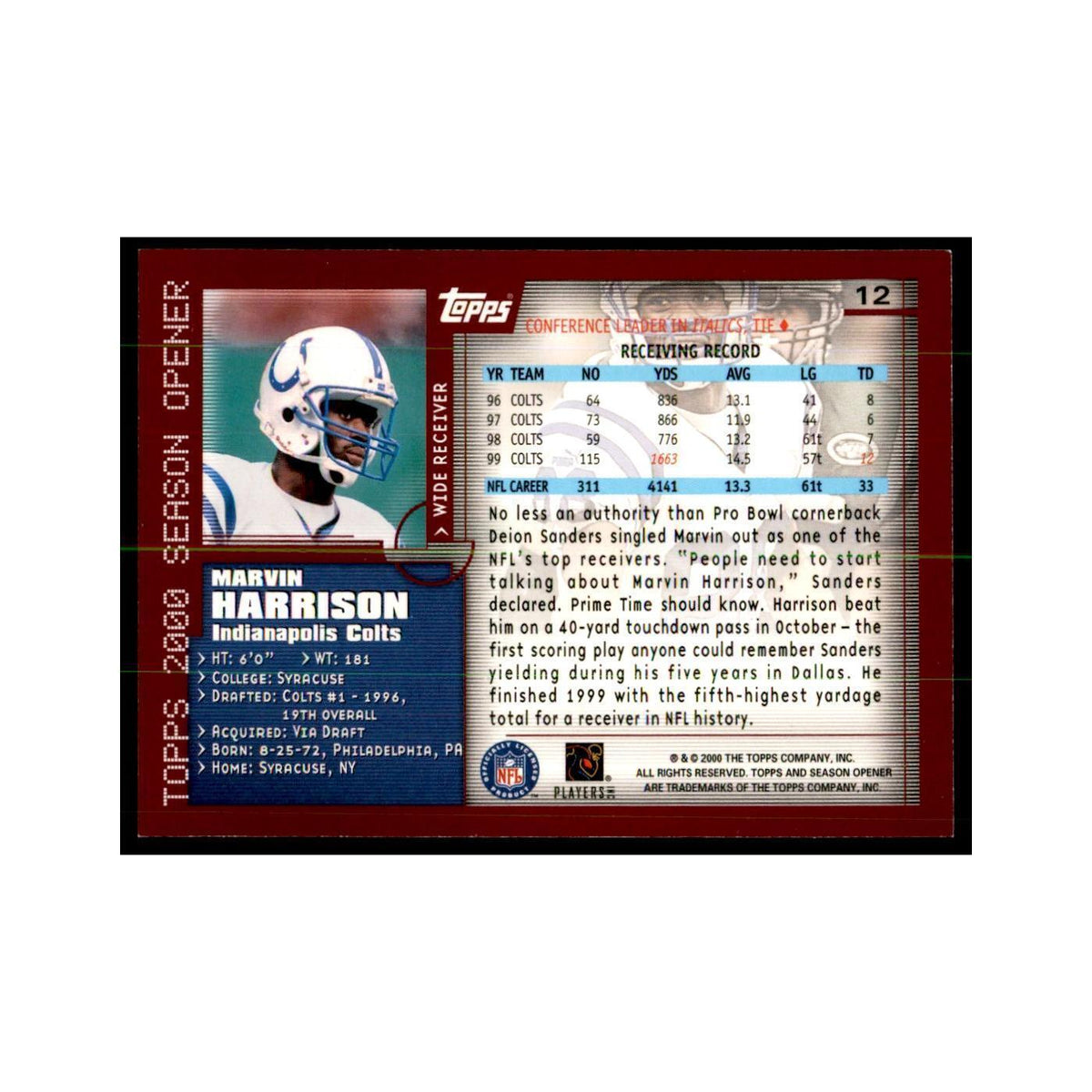 Marvin Harrison 2000 Topps #12 Football Cards Football Card NM